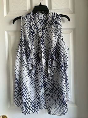 CAbi Navy & White Ruffle Front Sleeveless Blouse